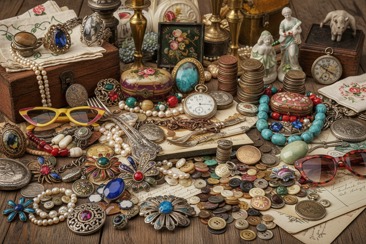 Collage mit Flohmarktware,Schmuck und Antiqitäten